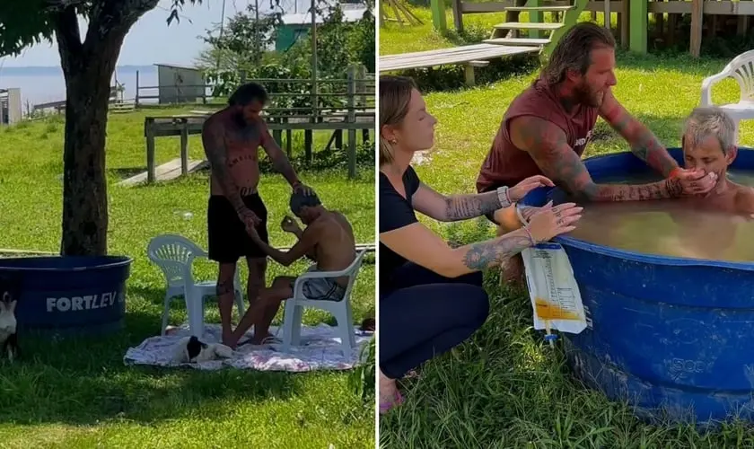 Idoso enfermo é batizado em caixa d’água no Amazonas e declara: “Me arrependi dos meus pecados